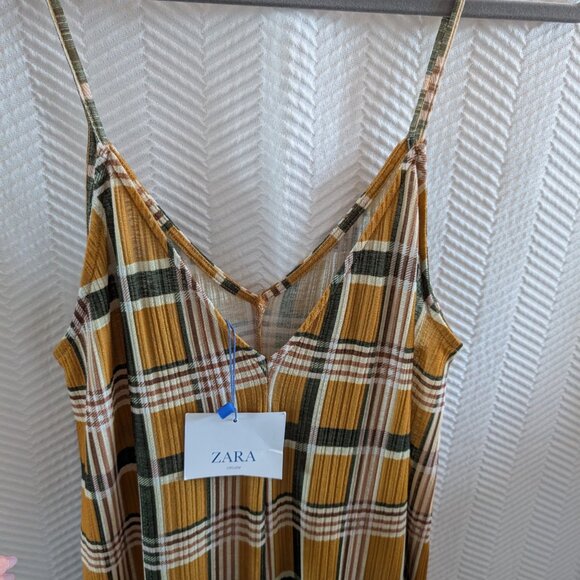 NWT Zara Circular Collection Plaid Wide Leg Jumpsuit Mustard Green Brown Size M - Picture 5 of 10